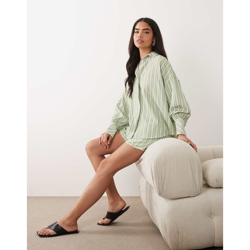 Aria Cove pocket front deep cuff oversized shirt co-ord in green