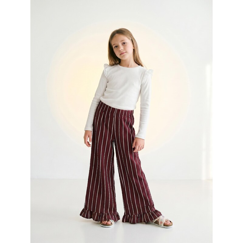 Sinsay - Bavlněné kalhoty wide leg s pruhy - mahaghonová