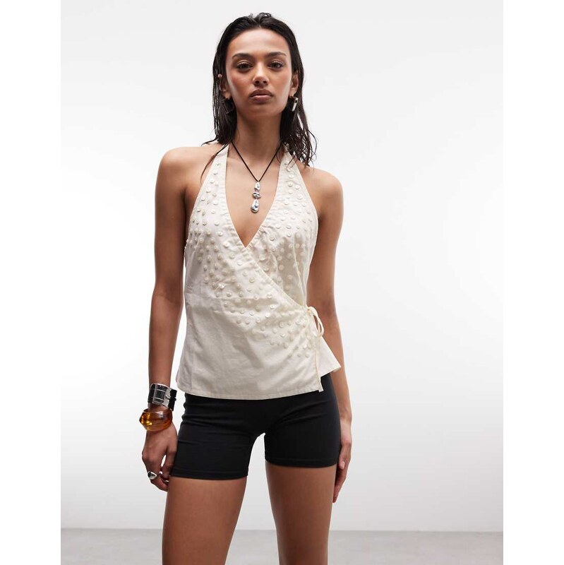 COLLUSION wrap halter top with shell buttons in oatmeal-Neutral