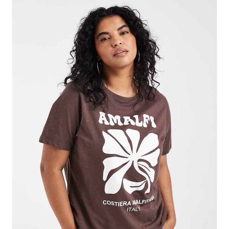 ONLY Curve Amalfi print t-shirt in chocolate brown