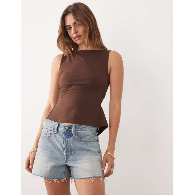 ASOS DESIGN slash neck tie back tank top in chocolate-Brown