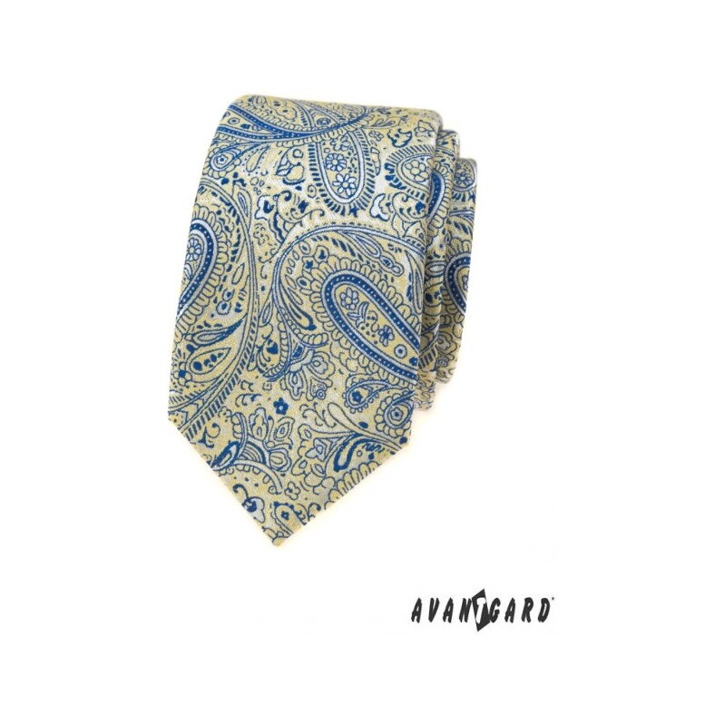 Žlutá luxusní pánská slim kravata s modrým vzorem Paisley