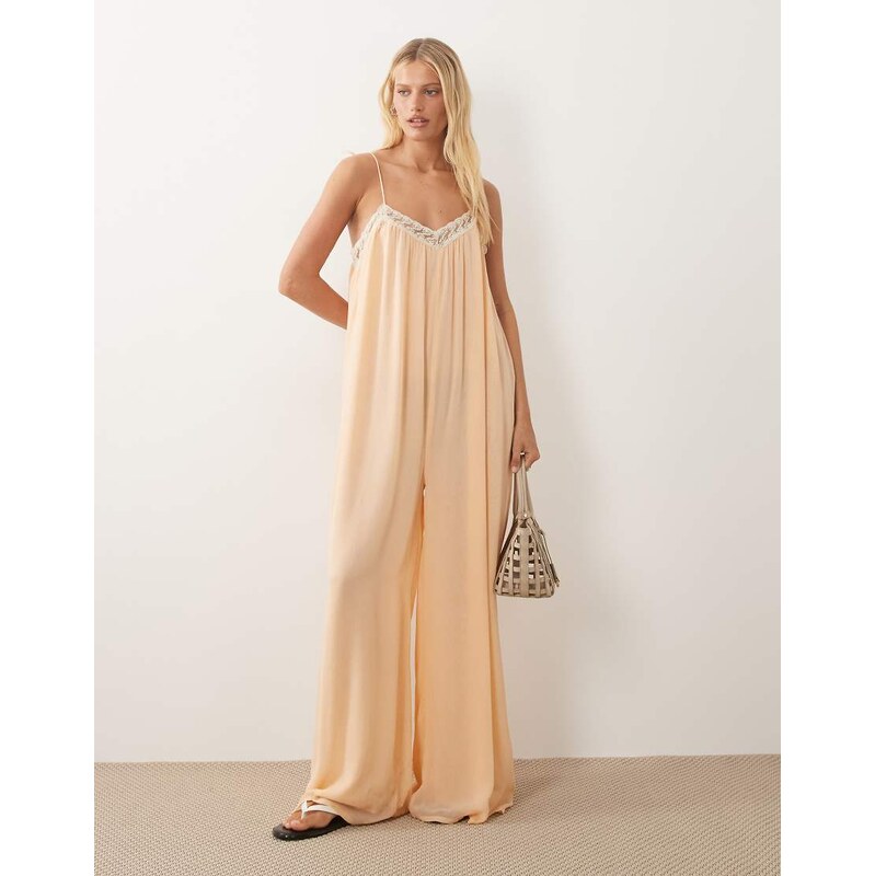 Miss Selfridge lace trim jumpsuit in peach-Orange