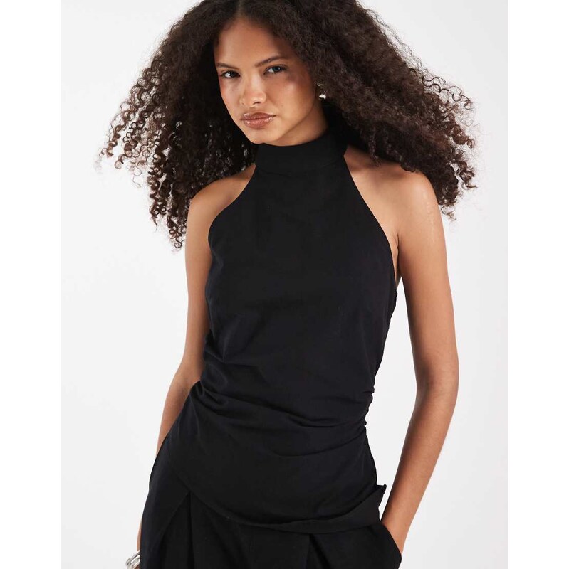 ASOS DESIGN asym halter neck longline top in black