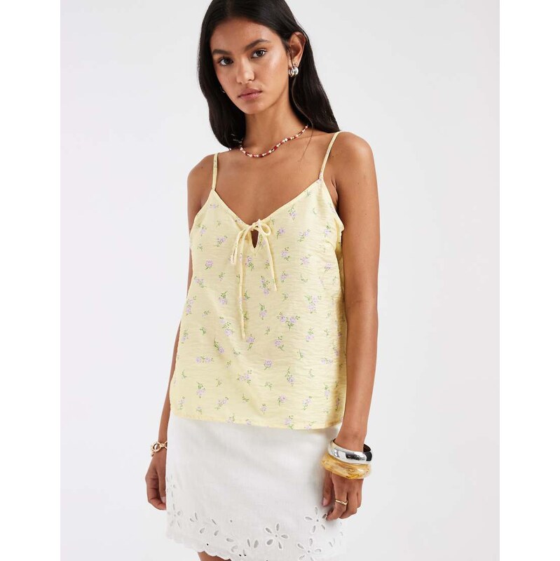 Pieces tie front cami top in yellow ditsy floral print