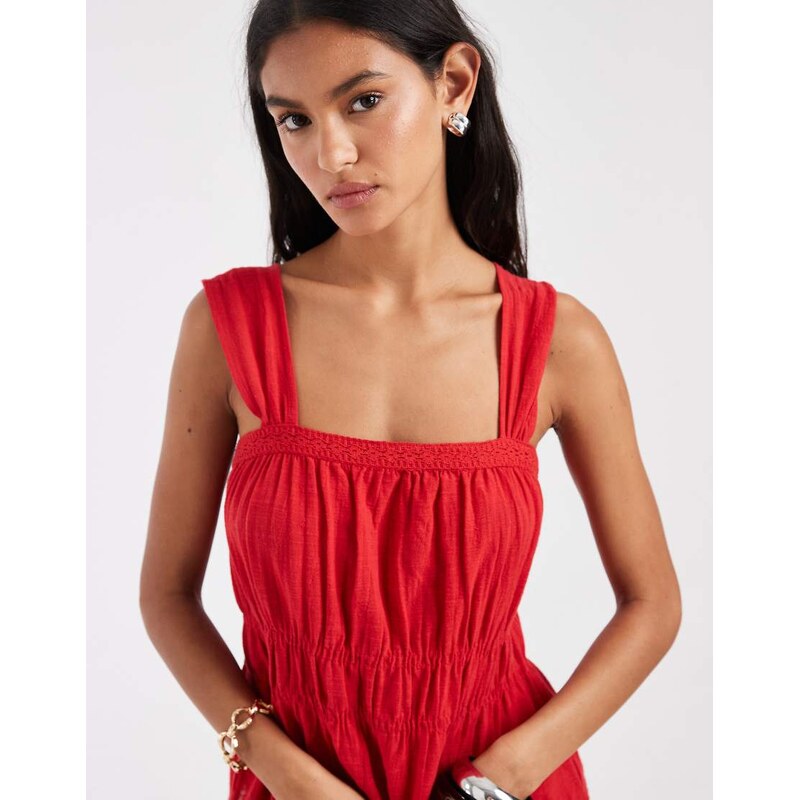 Pieces wide strap cotton smocked top in red