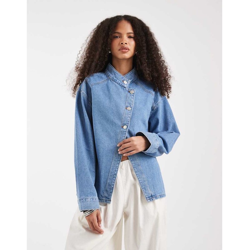 ASOS DESIGN wrap front denim jacket in mid blue