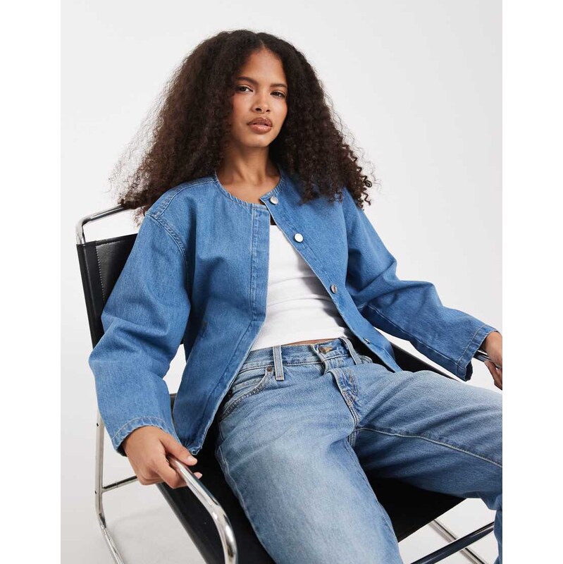 ASOS DESIGN denim bomber jacket in midwash blue