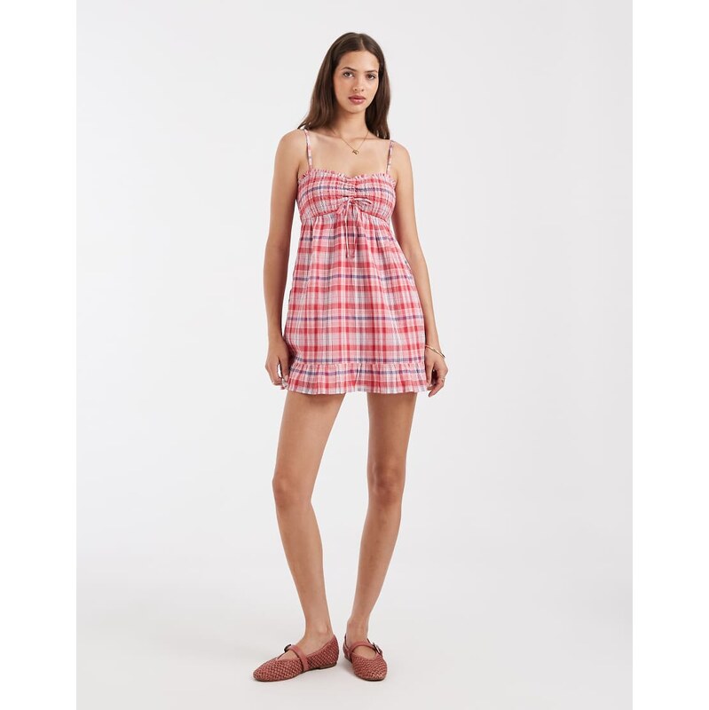 Hollister babydoll strappy mini dress in red check