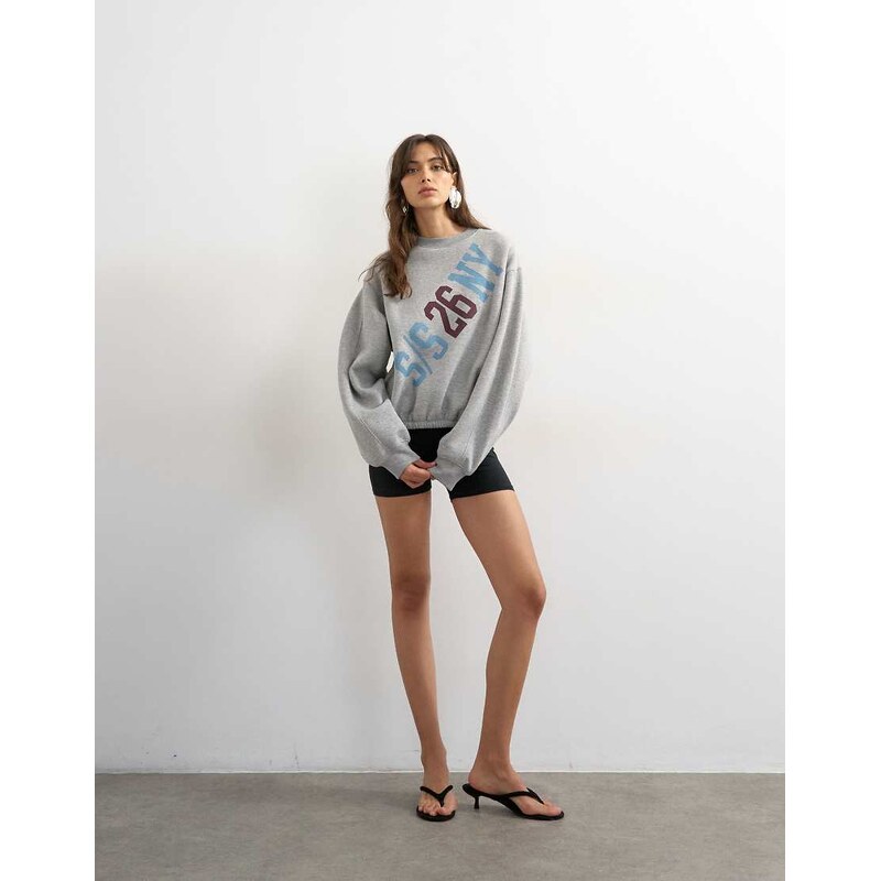 Topshop elastic hem NY graphic print sweat in grey