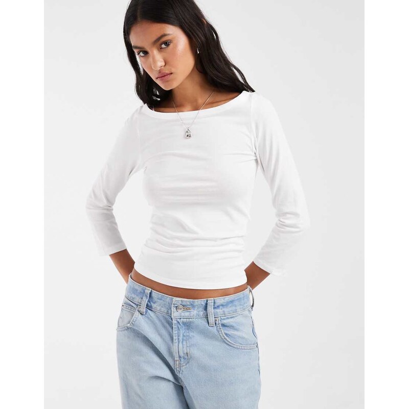 Pieces boat neck 3/4 sleeve top in white