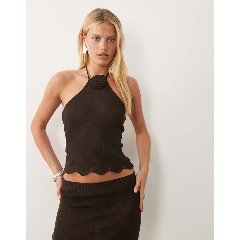Mango Roseta knitted halterneck top co-ord in chocolate brown