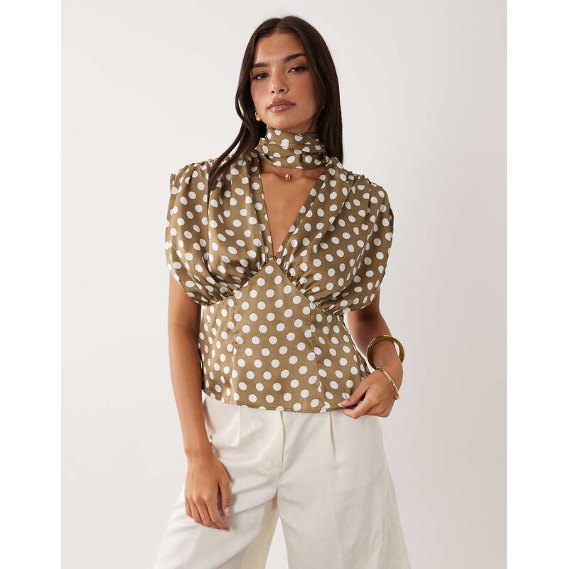 ASOS DESIGN satin scarf and volume detail blouse in polka dot