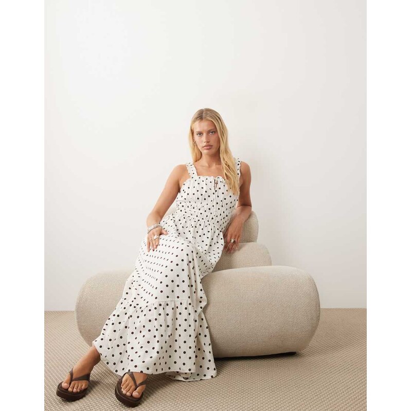 Miss Selfridge polka dot seersucker shirred detail maxi dress