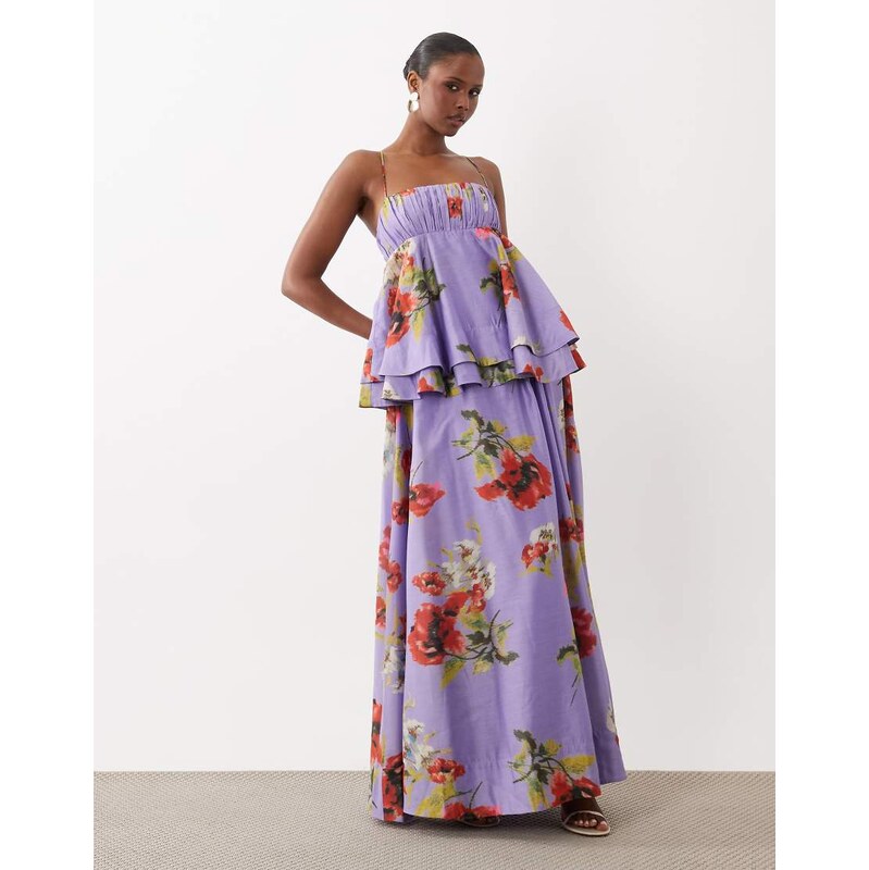 ASOS DESIGN double layer maxi dress in purple floral print-Multi