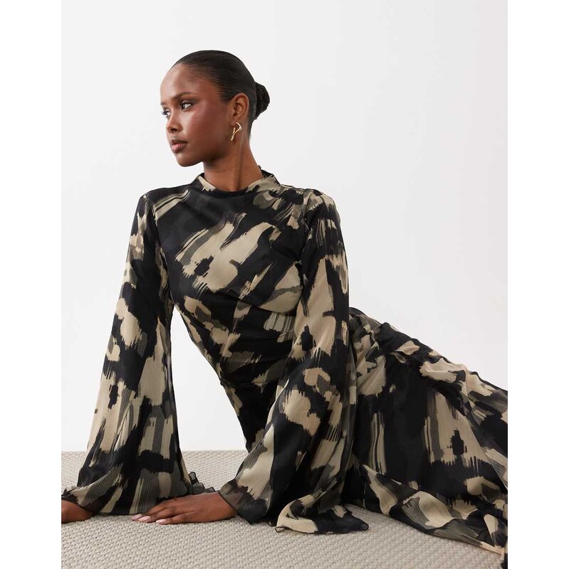 ASOS DESIGN long sleeve high neck maxi dress with ruffle godets