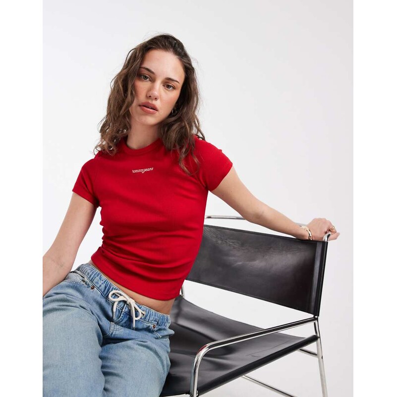 Tommy Jeans script logo slim fit rib t-shirt in red