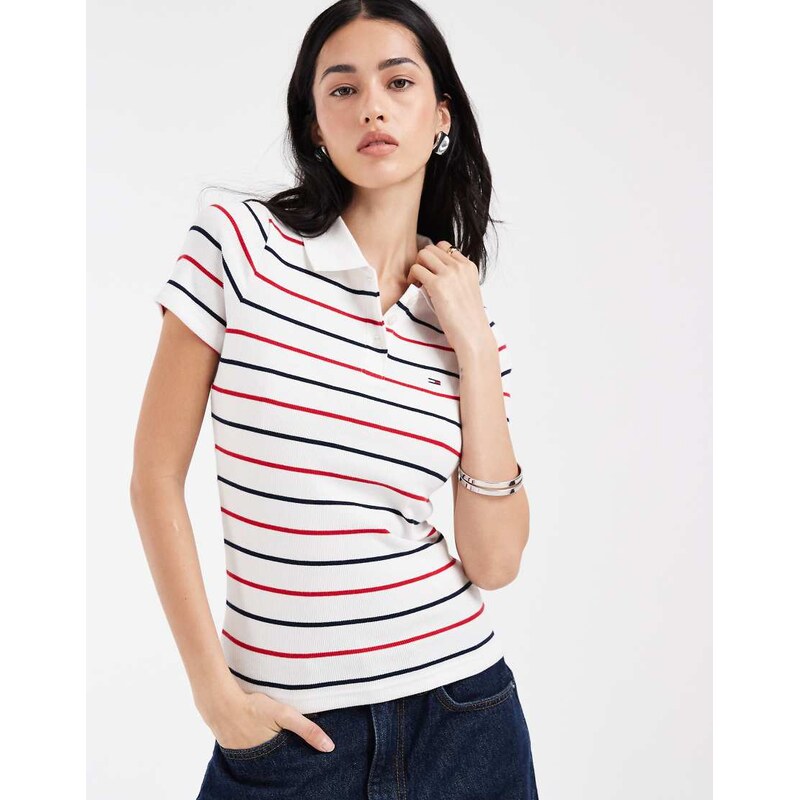 Tommy Jeans slim fit rib polo shirt in navy/red stripe-Multi