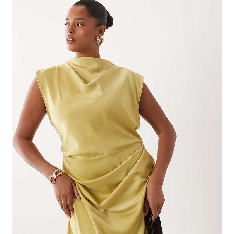 ASOS Curve ASOS DESIGN Curve satin high neck pleated bodice midi