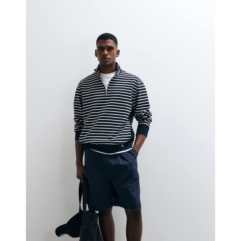 Calvin Klein Jeans striped monogram quarter zip top in dark blue