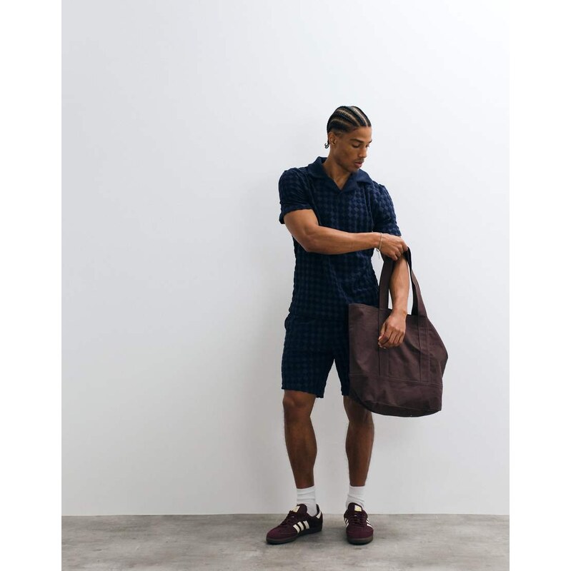CAPO diamond towelling revere polo shorts co-ord in navy