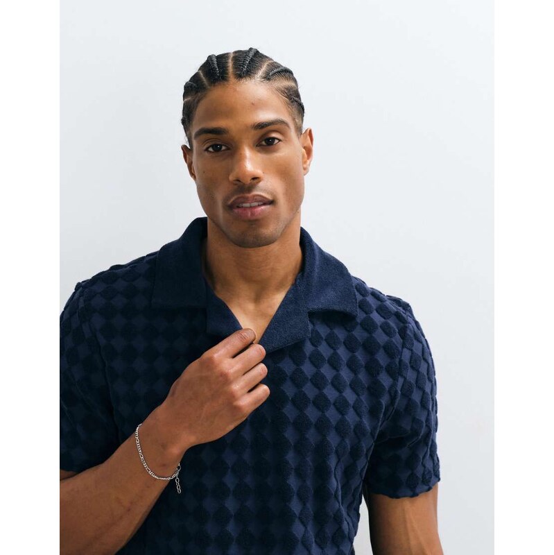 CAPO diamond towelling revere polo shirt co-ord in navy