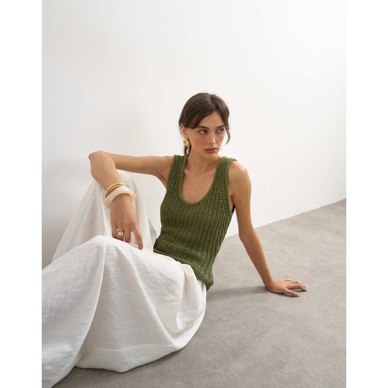 Topshop knitted low scoop crochet vest top in khaki-Green