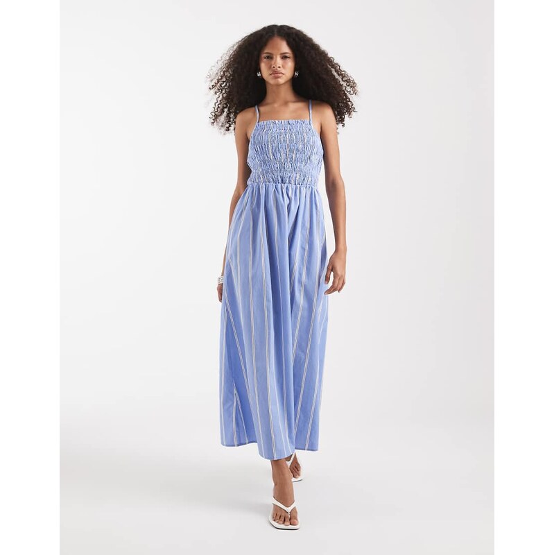 Pieces ruched cotton cami maxi dress in blue and white stripe