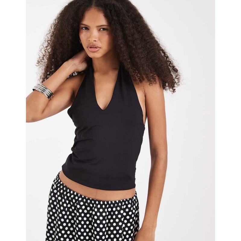 Pieces halter neck twist front slinky top in black