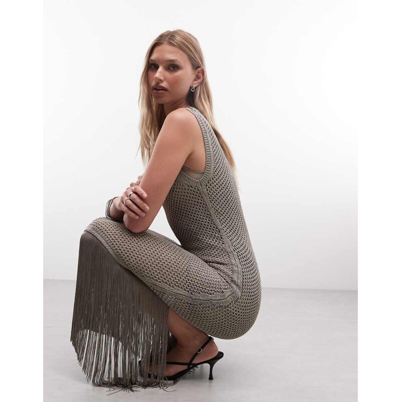 AllSaints Jessie knitted tassle maxi dress in brown