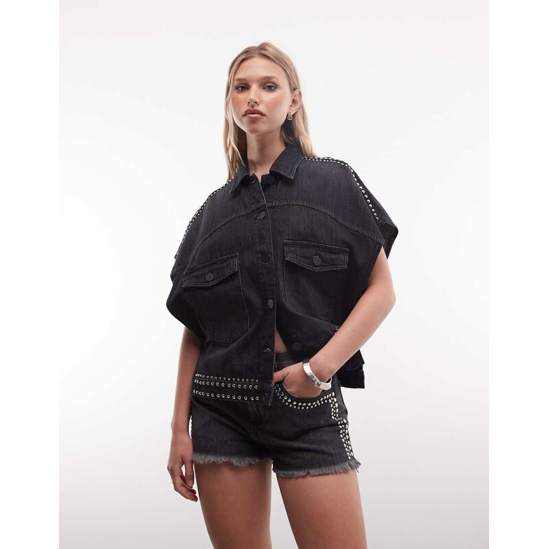 AllSaints Heidi co-ord stud detail denim shorts in washed black