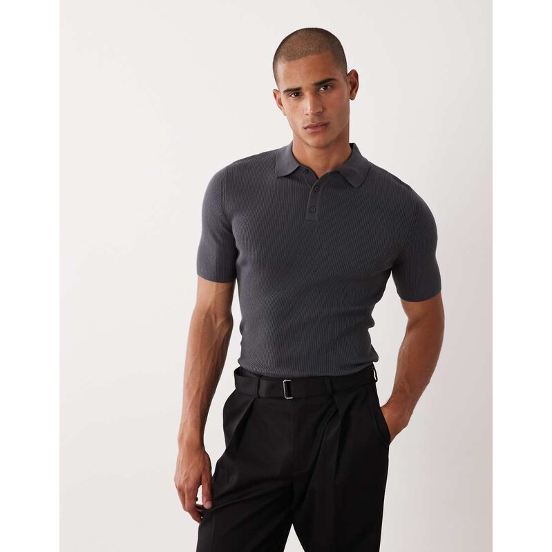 ASOS DESIGN Essential muscle-fit fine-rib knit polo in charcoal