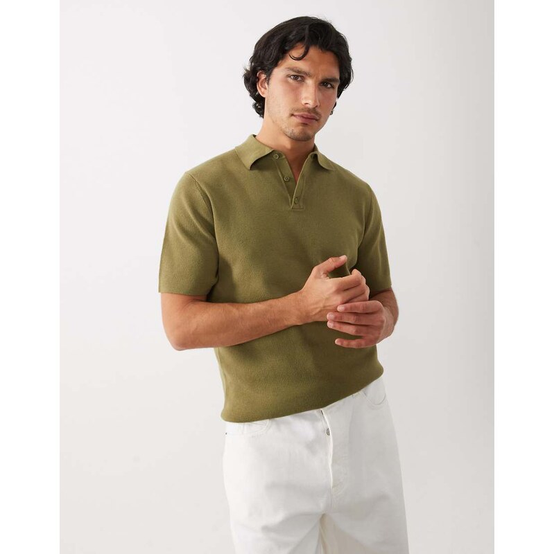 ASOS DESIGN Essential fine-rib knit polo in khaki-Green