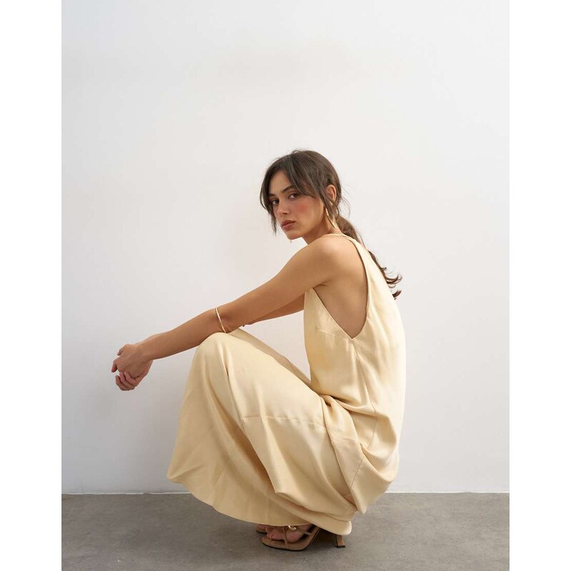 Topshop satin twist strap maxi dress in buttermilk-White