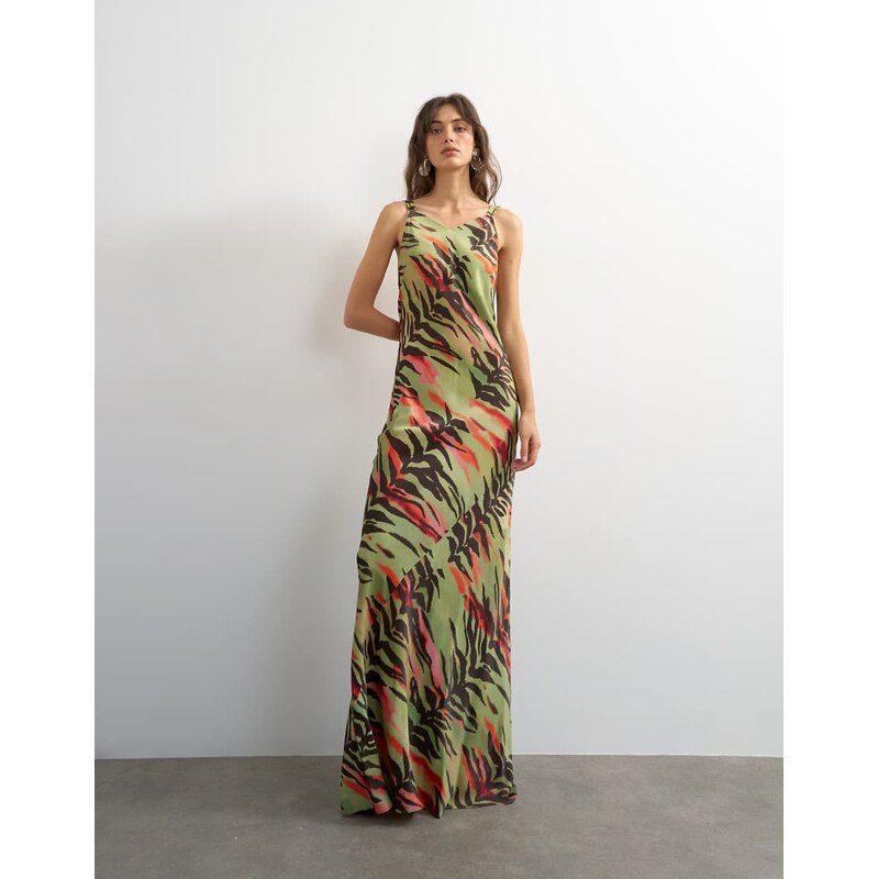 Topshop satin twist strap maxi dress in bright animal-Multi