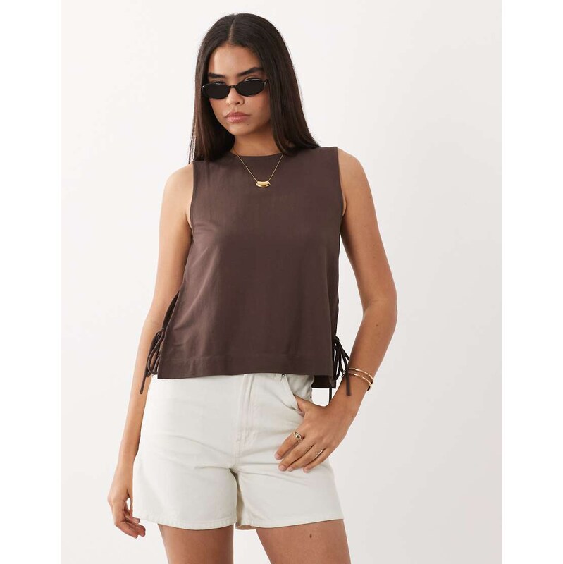 JDY bow details top in chocolate brown-Black
