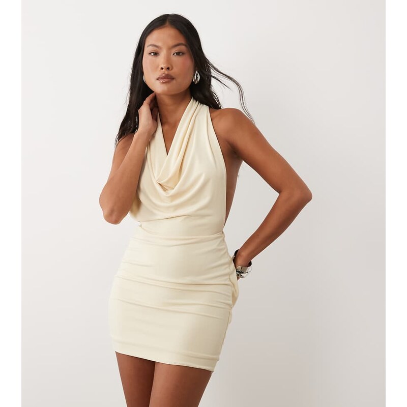TFNC Petite slinky cowl neck knot detail mini dress in cream