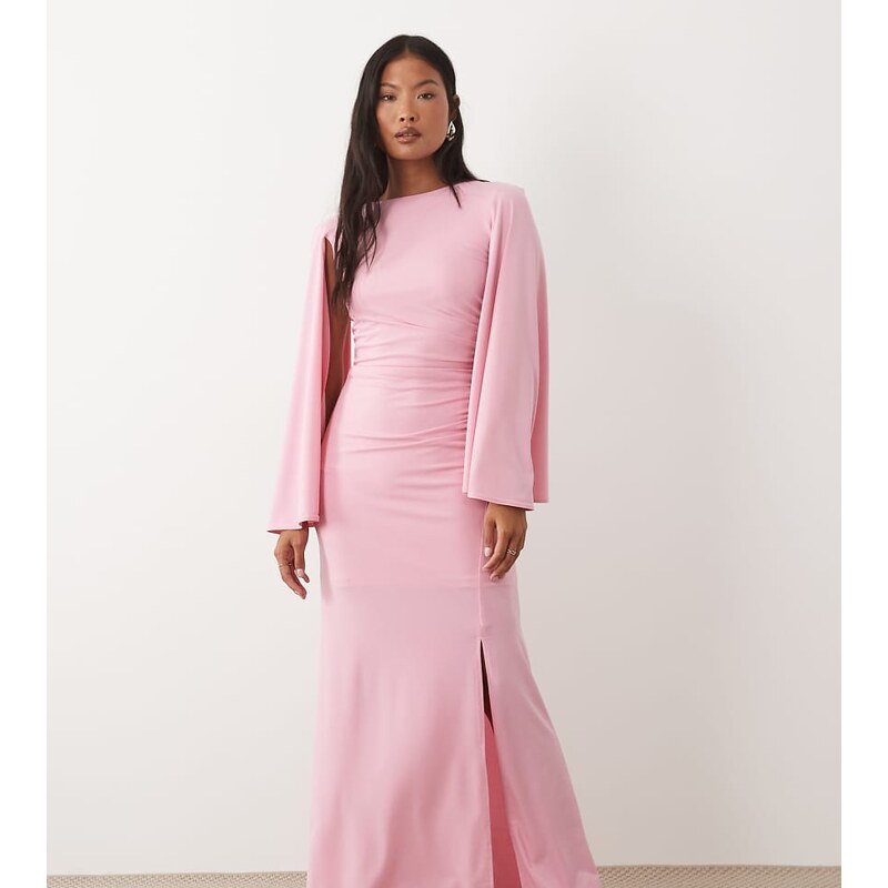 TFNC Petite slinky cape sleeve ruched side maxi dress in pink