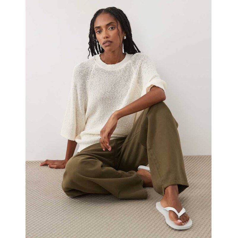 ASOS DESIGN crew neck slouchy drop sleeve t-shirt in cream-White