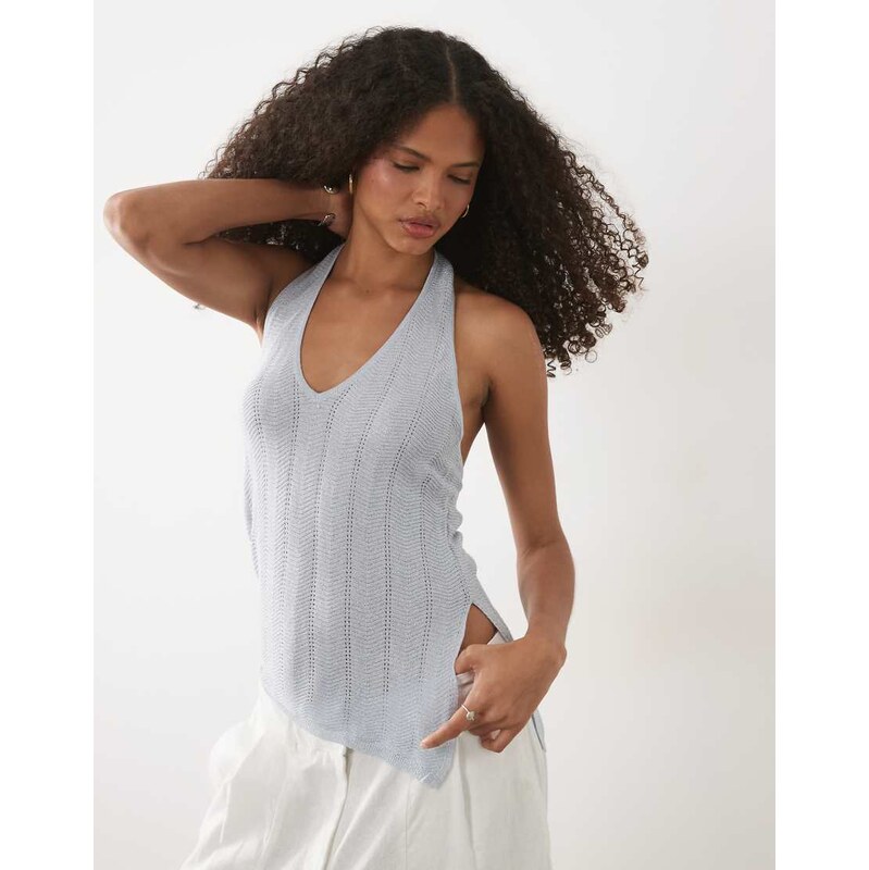 Mango Teen knitted halterneck asymmetric hem top in silver