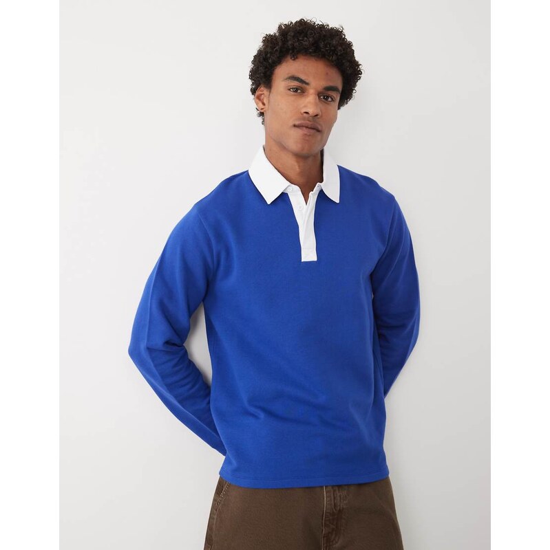 ASOS DESIGN rugby polo with contrast collar in blue