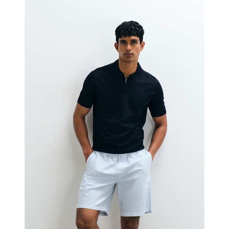 Mango knitted quarted zip poloshirt in navy