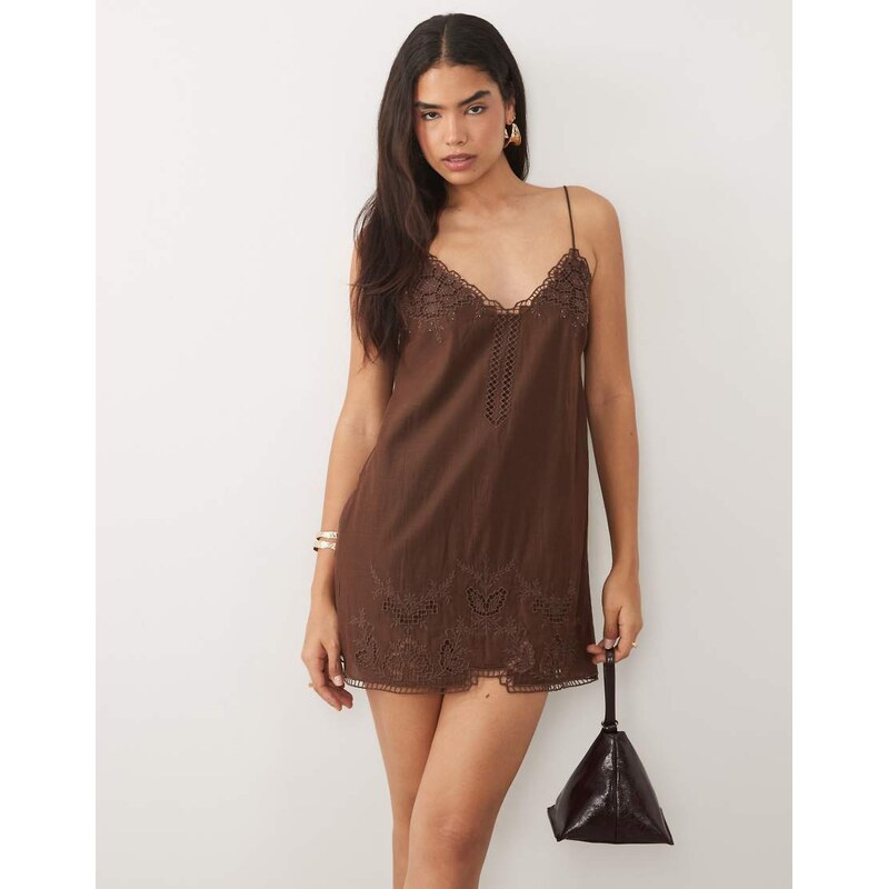 Mango cotton mix embellished cami mini dress in brown