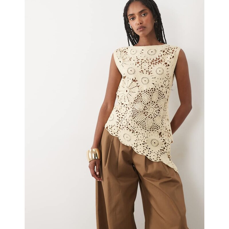 Mango cotton rich sleeveless aysmmetric crochet top in beige