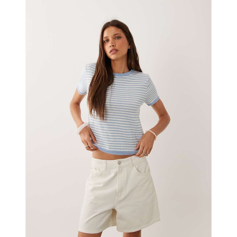 Mango cotton rich short sleeve knitted top in pastel blue stripe
