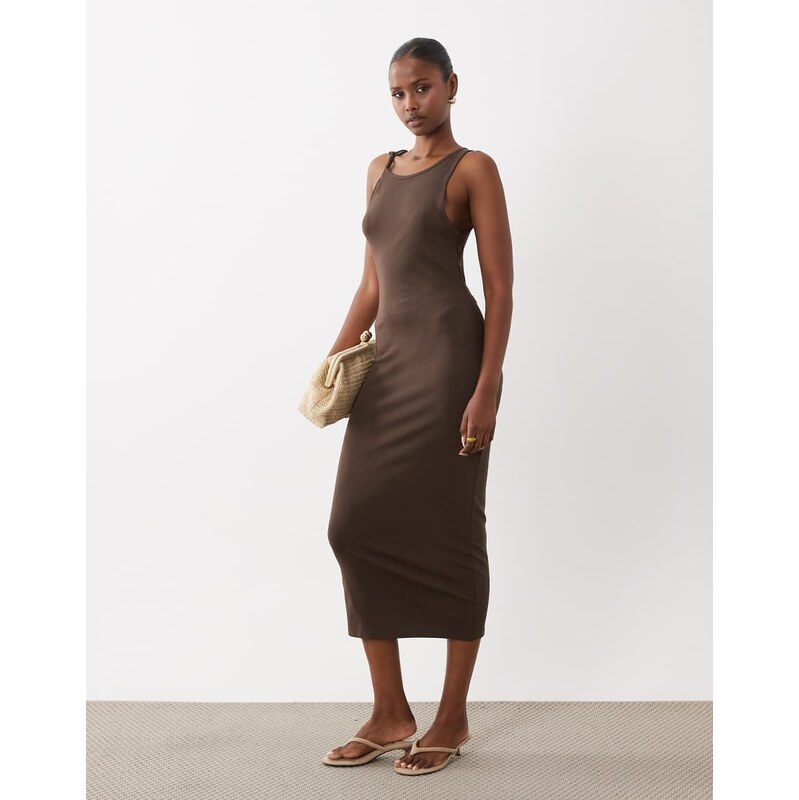Mango twist strap jersey midi dress in brown