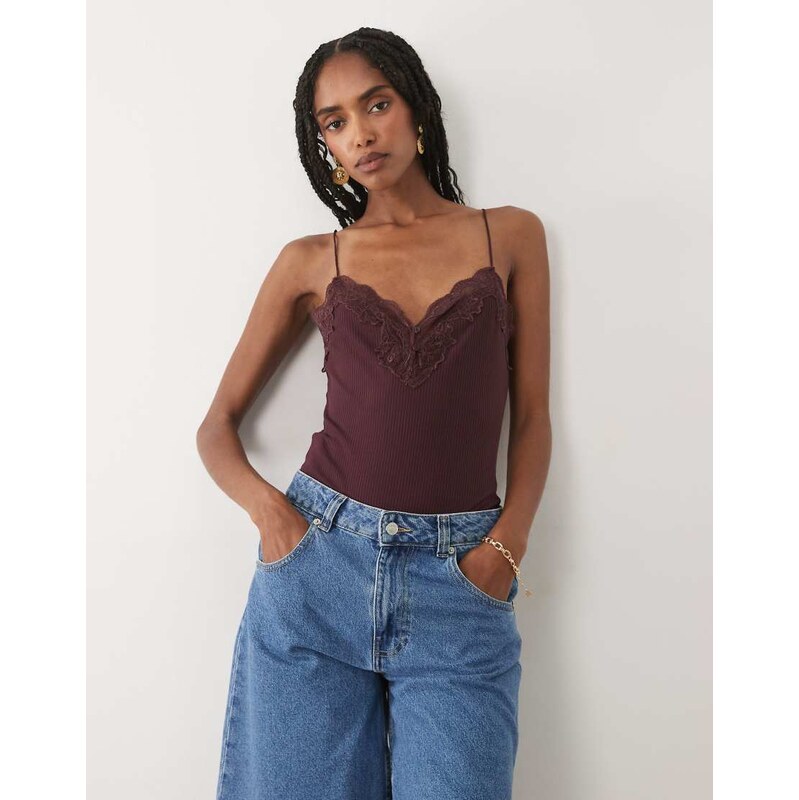 Mango lace detail strappy bodysuit in plum-Purple