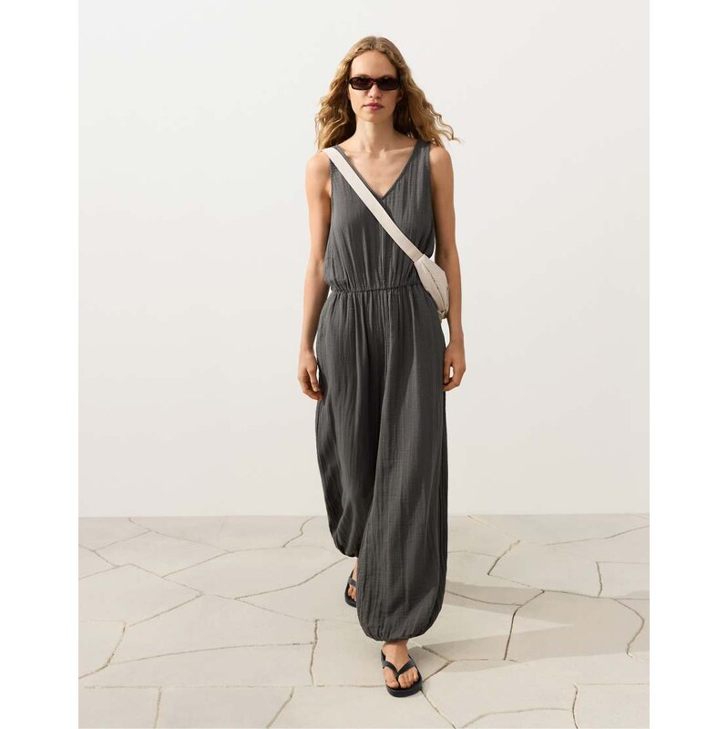 OYSHO 100% cotton long jumpsuit in grey