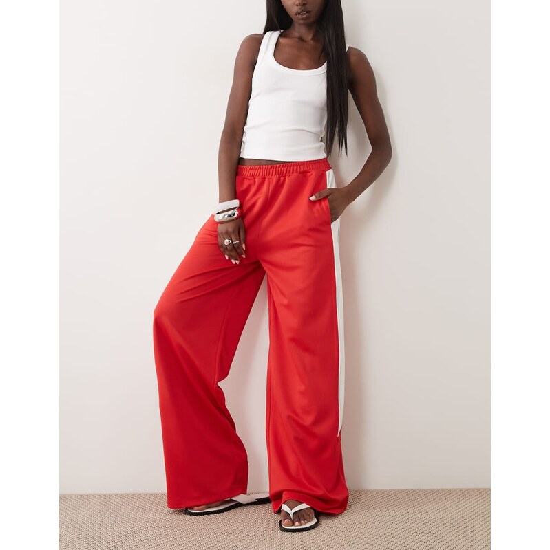 ASOS DESIGN piping detail wide leg tricot trouser in red