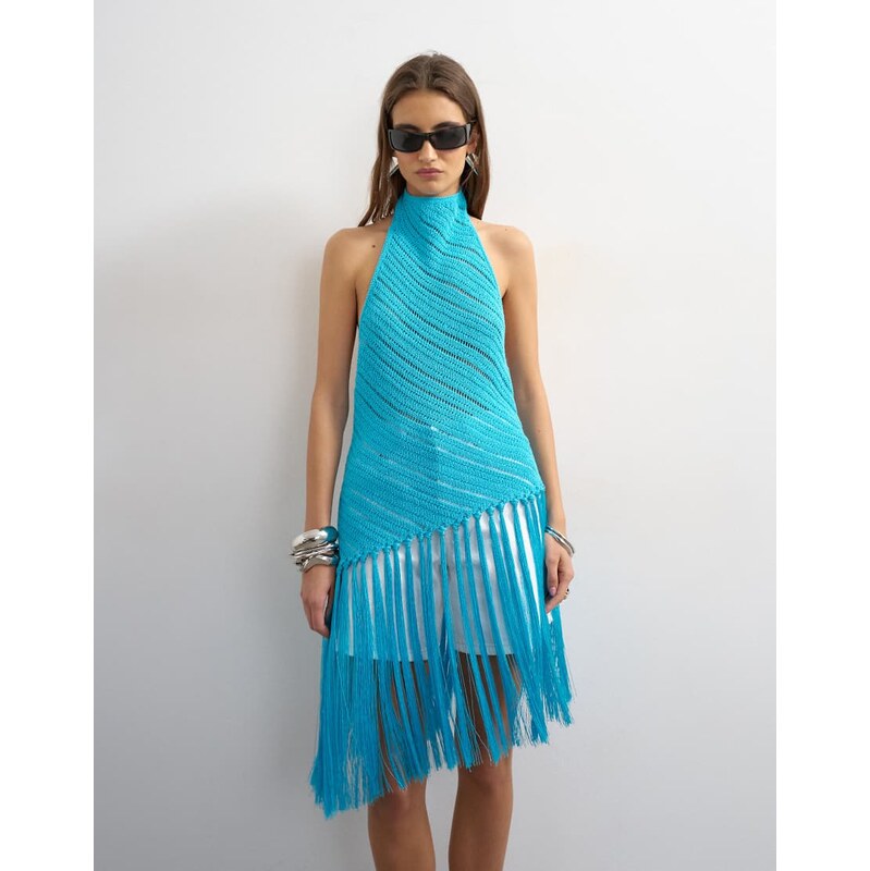 Topshop knitted halterneck longline fringing tunic in blue